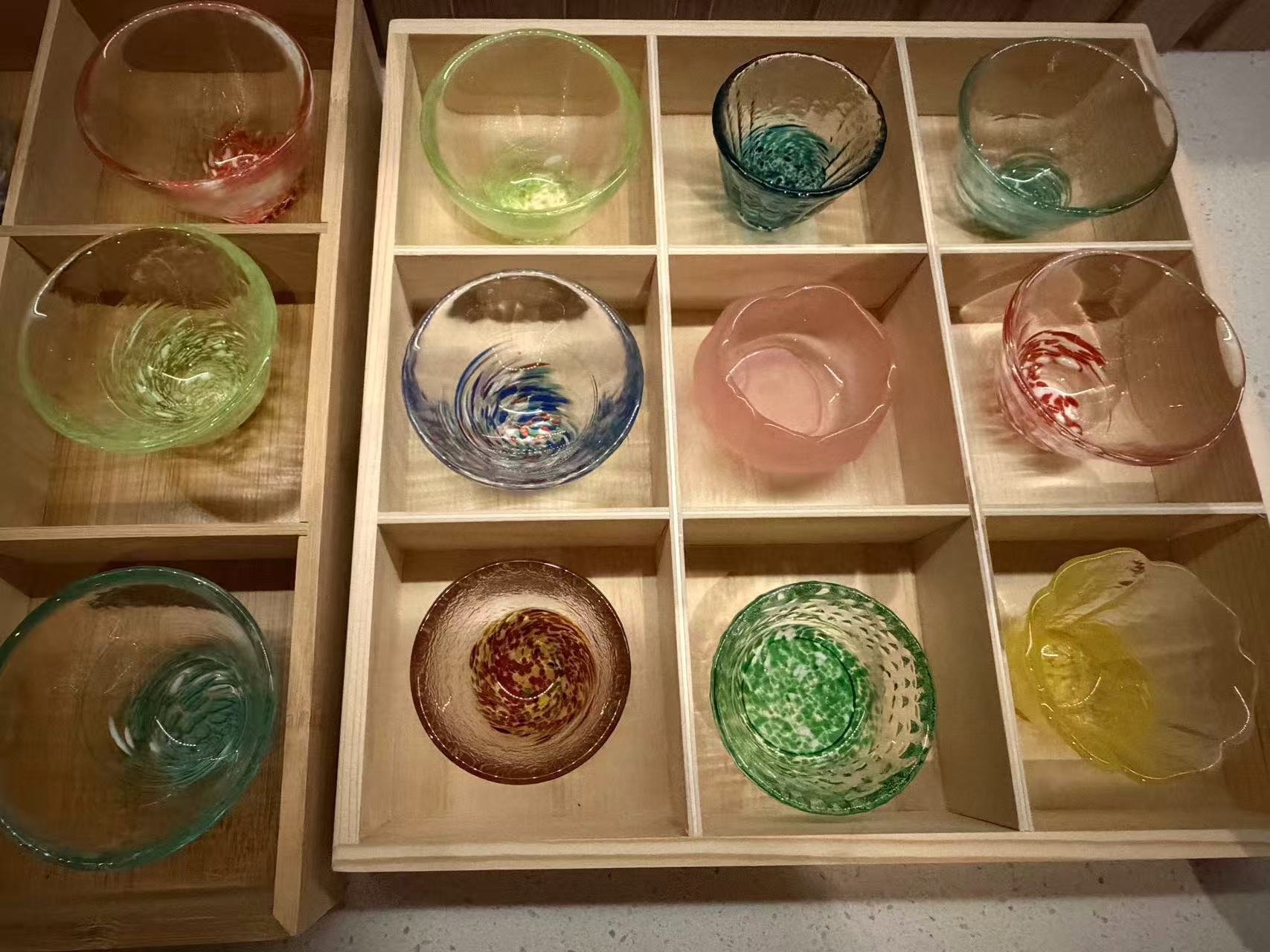Hand-crafted Japanese artisan sake cup collection at Kiyoshi Omakase Overland Park