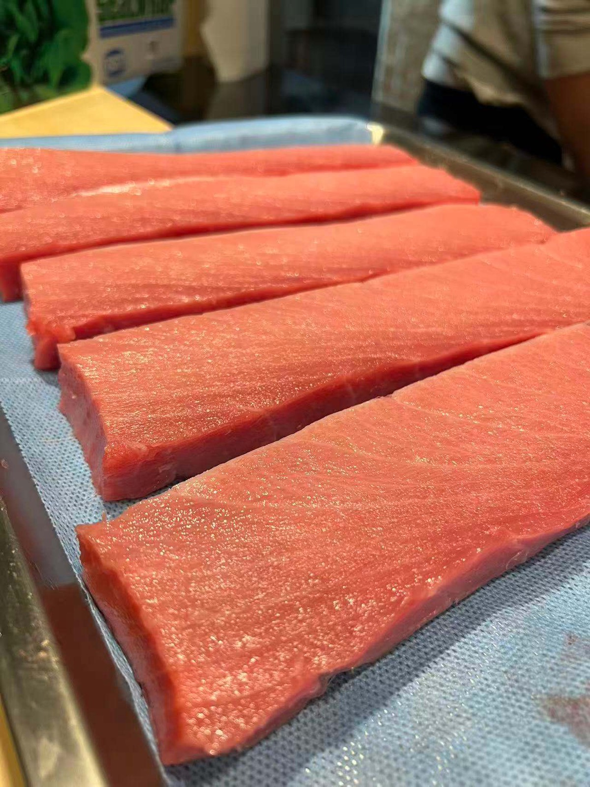 Fresh bluefin tuna loin slices prepared for omakase course