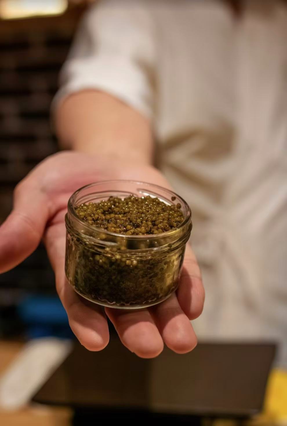 Premium caviar jar presented at Kiyoshi Omakase