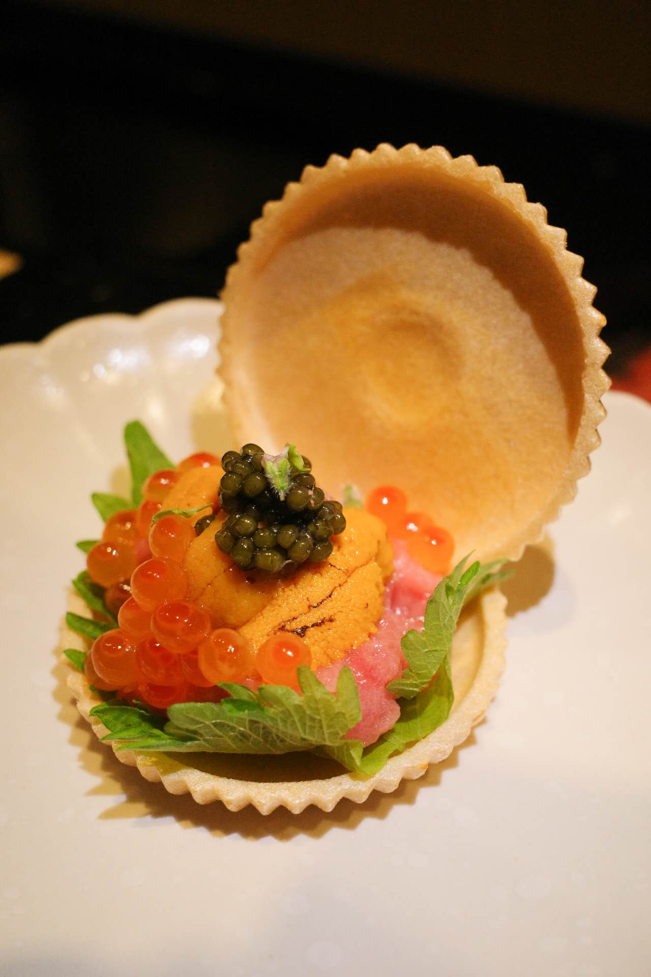 Uni caviar ikura monaka appetizer at Kiyoshi Omakase Kansas