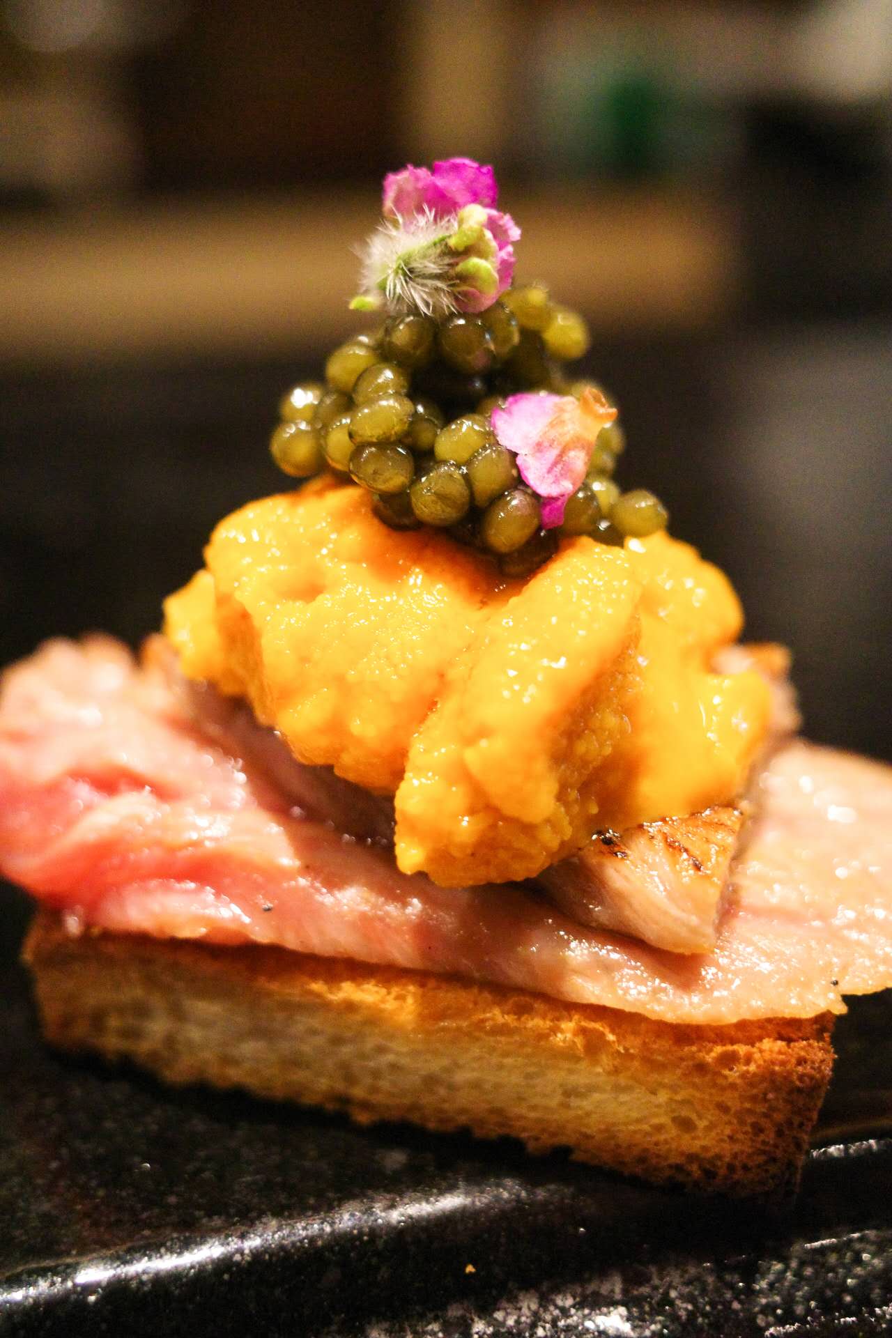 Wagyu uni caviar toast